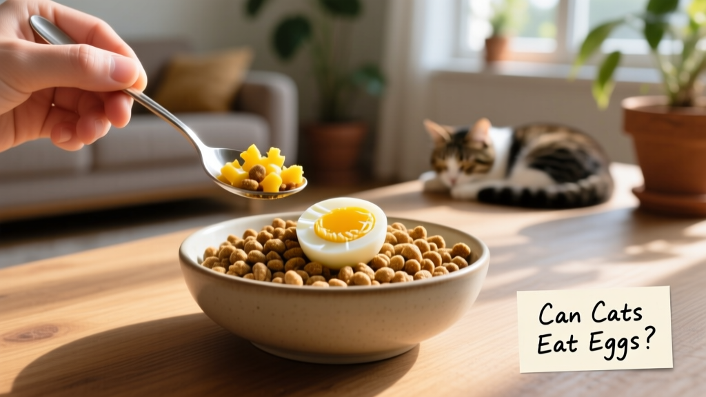 A hand gently mixing a spoonful of chopped boiled egg into a bowl of high-quality dry cat food