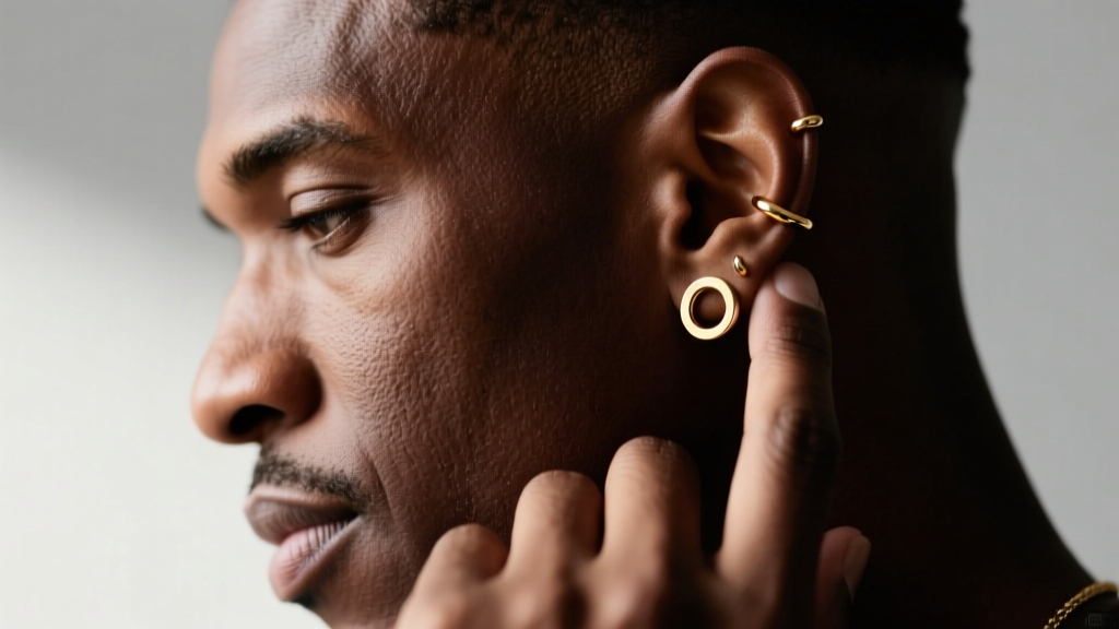 Side profile of a man touching his tragus and conch piercings, showing masculine ear curation with gold threadless jewelry ends