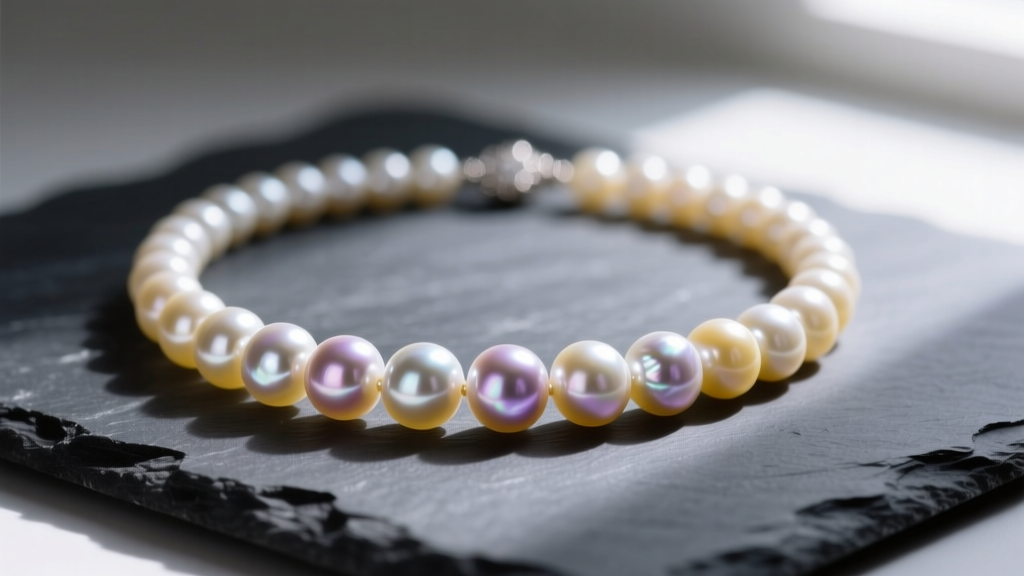 Macro shot of an Akoya pearl necklace on dark slate, revealing a dull, cloudy, yellowish film on the nacre surface.