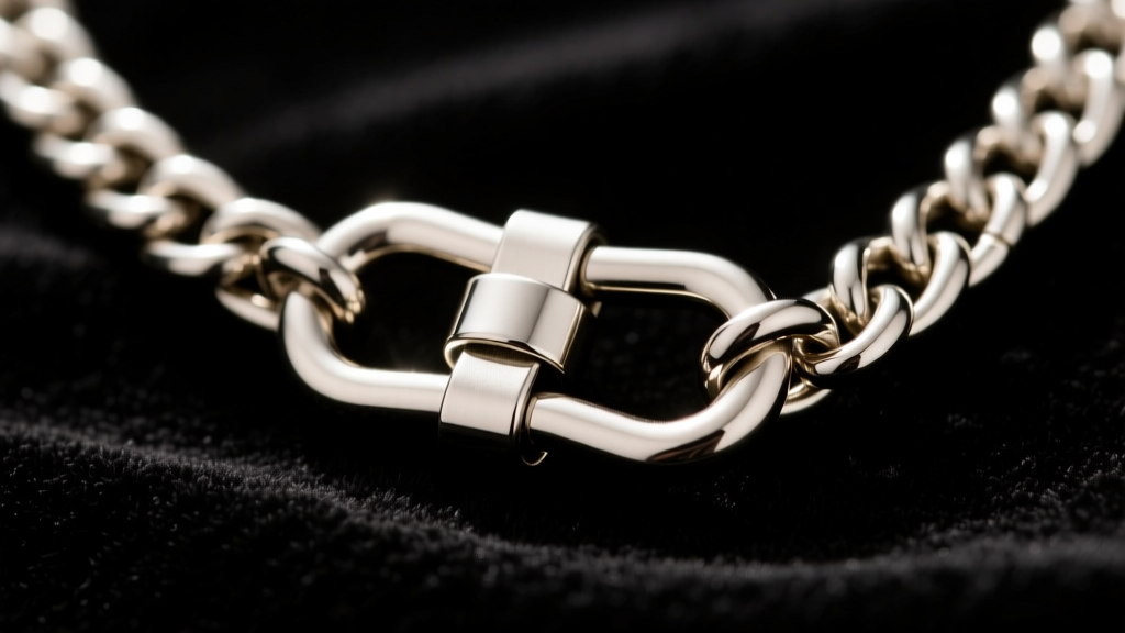 Heavy-duty silver toggle clasp being fastened on a chunky chain necklace, showing the secure T-bar mechanism over dark velvet