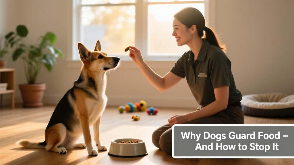 Trainer calmly tossing a treat to a dog seated beside a food bowl, both relaxed and engaged