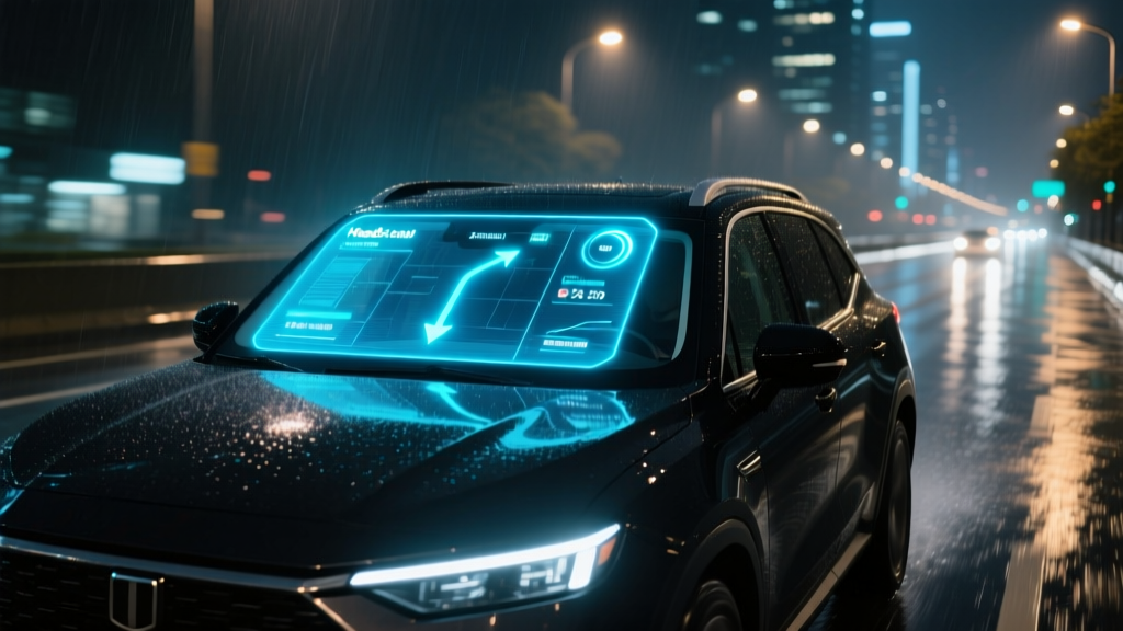 A glowing holographic Heads-Up Display projecting speed and navigation data onto the windshield of a modern SUV during a night drive.