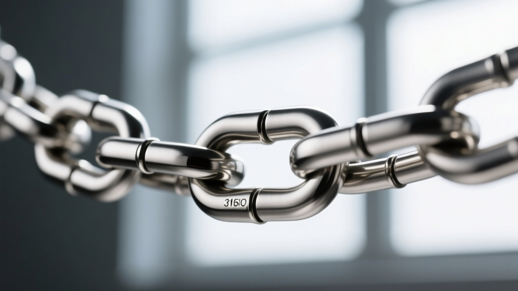 Macro shot of a thick 316L stainless steel Figaro chain link showing precise interlocking weld points and a matte brushed finish