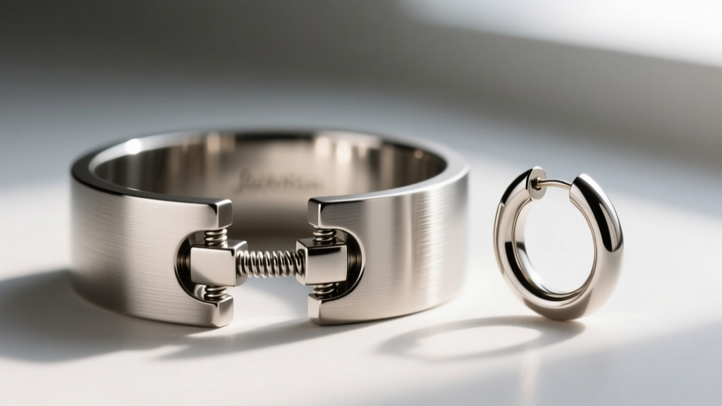 Close-up side view of a titanium faux-rook cuff and huggie earring, highlighting the tension mechanism and polished edges.