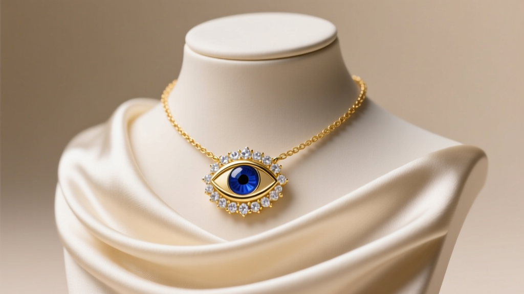 A 14k gold evil eye necklace with a cobalt blue glass center and diamond halo resting on a softly lit silk draped jewelry bust.