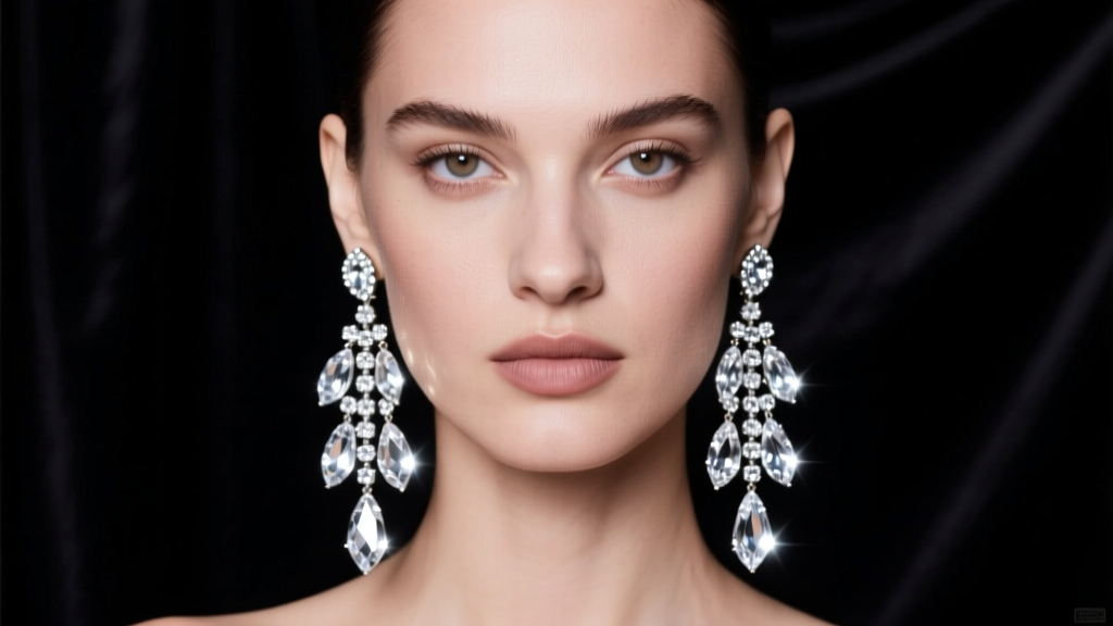 Model wearing silver rhinestone chandelier earrings, studio lighting catching faceted glass crystals against a dark backdrop.