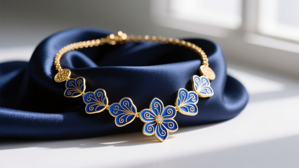 Close-up of an 18k gold vermeil Mia Fiore charm necklace with vibrant blue guilloché enamel petals resting on a silk scarf
