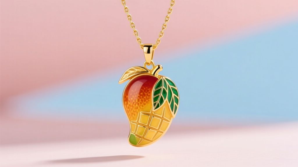 Vibrant gold and enamel mango fruit pendant necklace hanging from a delicate 14k gold rope chain against a soft pastel backdrop
