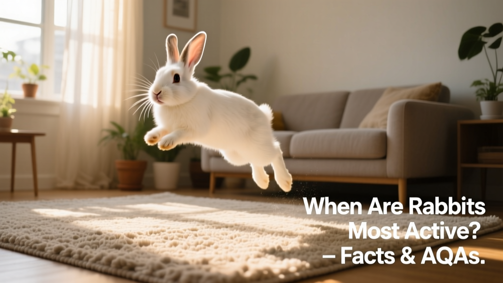 A domestic rabbit hopping playfully across a sunlit living room rug during early morning light