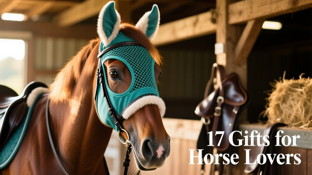Close-up of a horse wearing a teal fine-mesh fly mask with fleece-lined ears