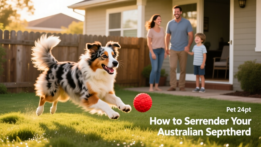 An Australian Shepherd happily playing in a fenced backyard with a new family, showing trust and comfort