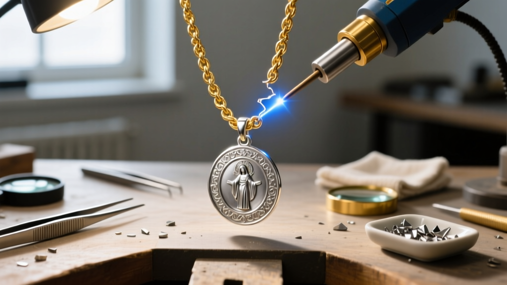 Jeweler workbench showing a laser welder repairing a broken jump ring on a gold rope chain holding a heavy silver religious medal