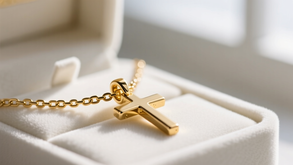 A 0.9mm box chain threading through the integrated bail of a 12mm solid gold cross pendant, macro lens on white velvet display.