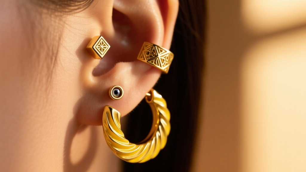 Macro shot of a curated ear with 14kt gold threadless labrets and a textured yellow hoop against a blurred warm studio background