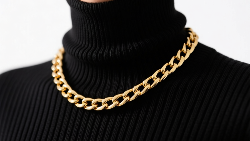 Thick gold chain necklace resting on a black ribbed turtleneck sweater, soft studio lighting, high fashion winter editorial