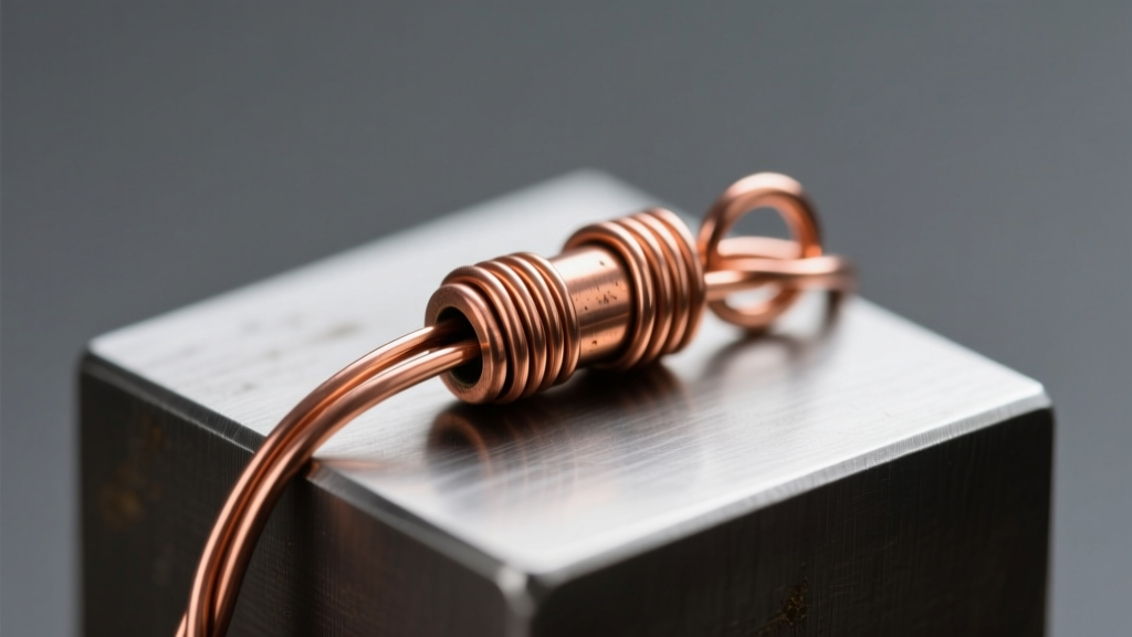 Close-up of a freshly wire-wrapped copper bail on a steel bench block, illuminated by soft directional studio lighting