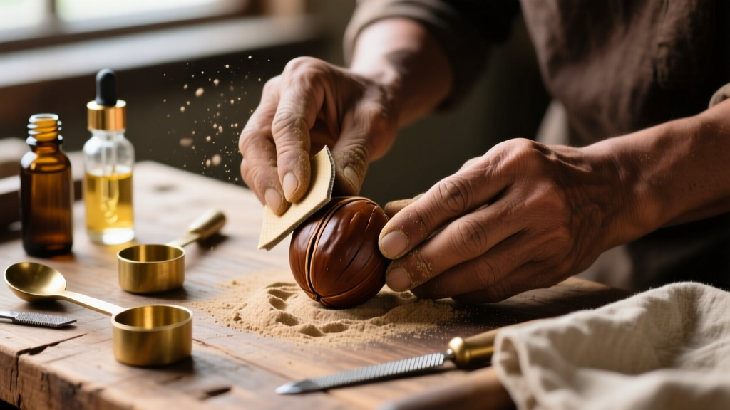 Hands sanding a raw brown kukui nut with fine-grit sandpaper on a wooden workbench, surrounded by finishing oils and tools.