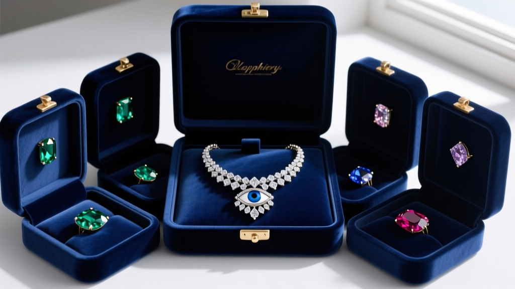 Open velvet jewelry box with individual compartments, storing a diamond evil eye necklace safely away from other gemstone pieces.