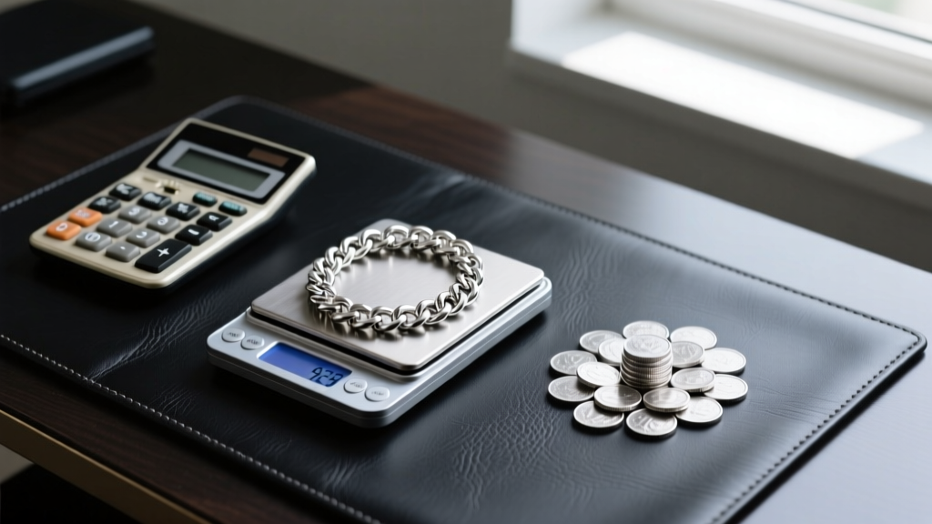 Digital scale weighing a 925 sterling silver Cuban chain next to a calculator and silver coins on a dark leather desk mat.
