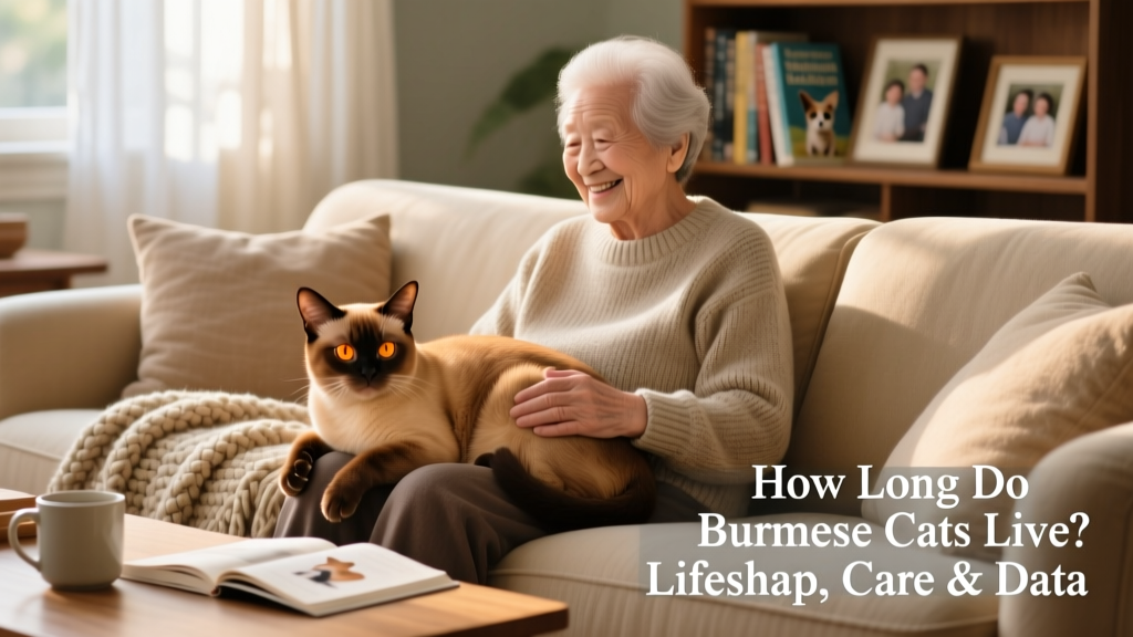Happy Burmese cat curled up beside its owner on a cozy couch, illustrating companionship and comfort in later life