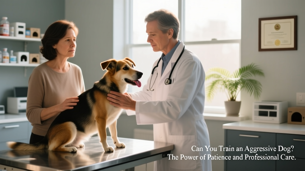 A veterinarian gently examining a dog during a wellness check, with the owner observing closely