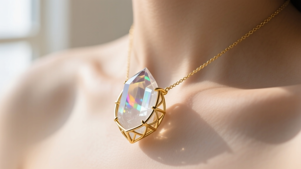 Close-up of a raw quartz crystal in a minimalist 14k gold cage necklace resting on a collarbone in soft natural light