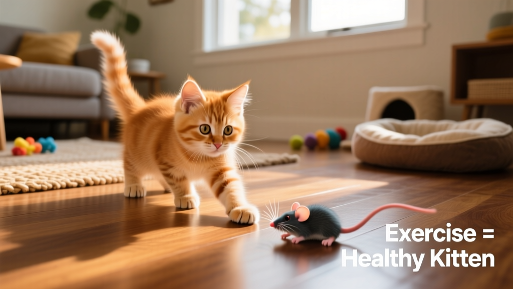 Kitten intently stalking a battery-operated mouse toy on hardwood flooring