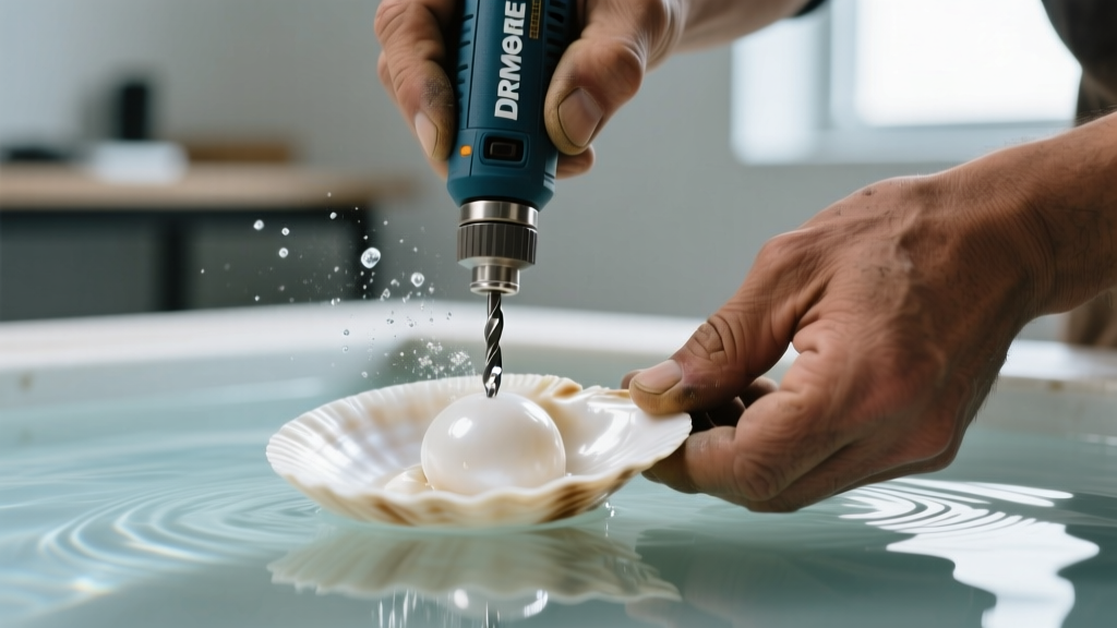 Close-up of hands using a Dremel tool with a diamond bit to drill a white cowrie shell submerged in shallow water for safety