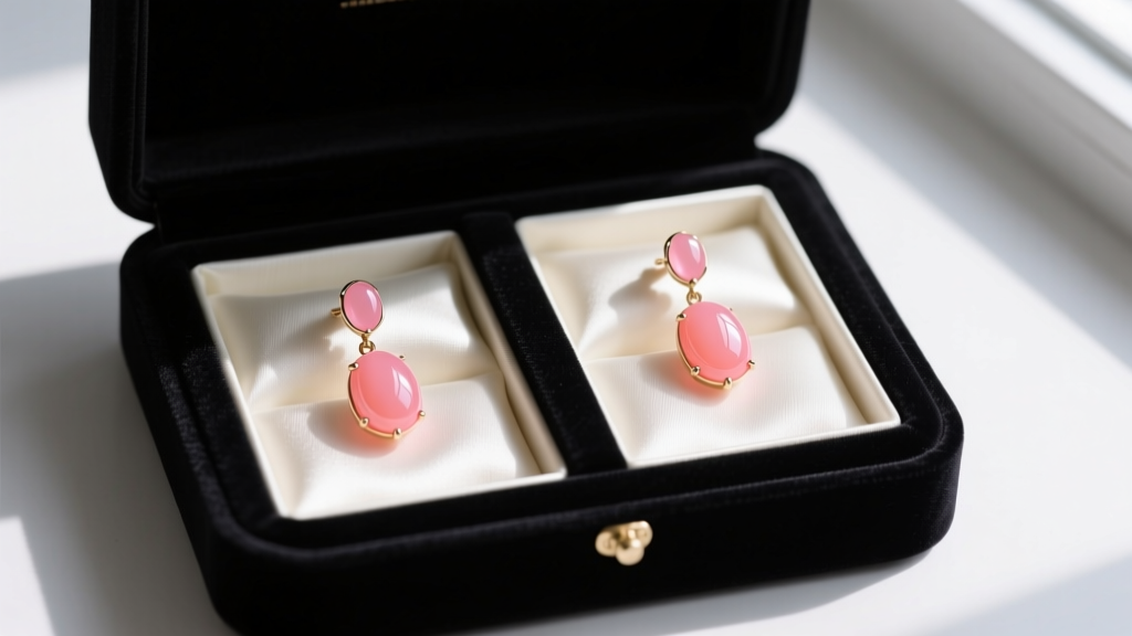 Pink coral dangle earrings stored inside a dark velvet box, separated into individual soft fabric lined compartments for safety.