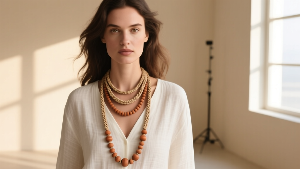 Woman in a V-neck linen shirt styled with three adjustable hemp and bead necklaces of varying lengths in earthy terracotta hues