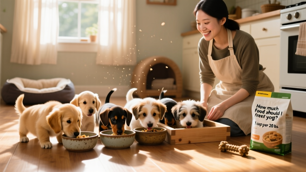A litter of puppies eating from separate bowls, with a caregiver gently monitoring their meal