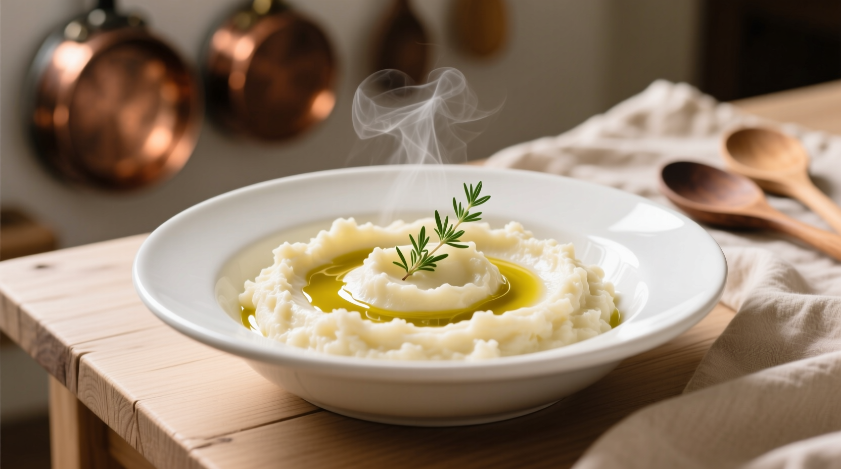 Creamy mashed cauliflower in white bowl