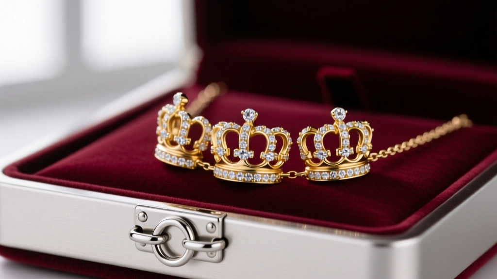 Platinum box clasp with figure-8 safety wires securing a triple crown necklace, shown against a blurred dark velvet background.