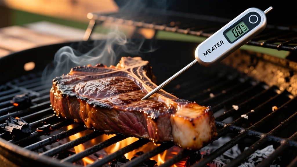 Close-up of a glowing charcoal grill grate with a stainless steel MEATER smart thermometer probe inserted into a thick tomahawk ribeye steak.