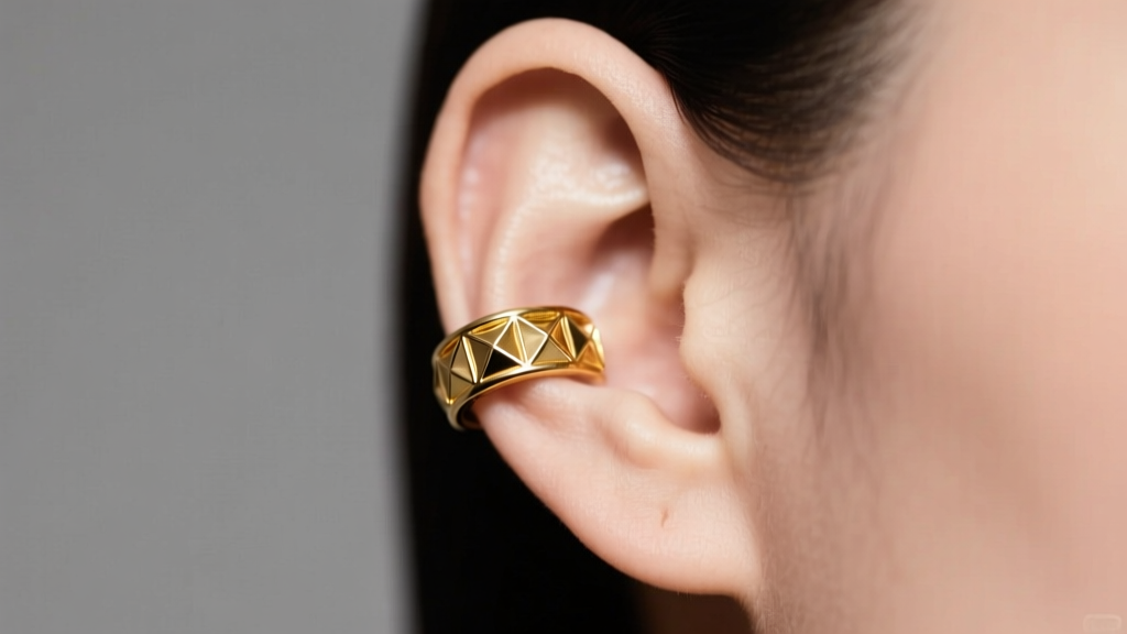 Right ear close-up showing a single 18k gold helix ear cuff under soft studio lighting, high fashion editorial.
