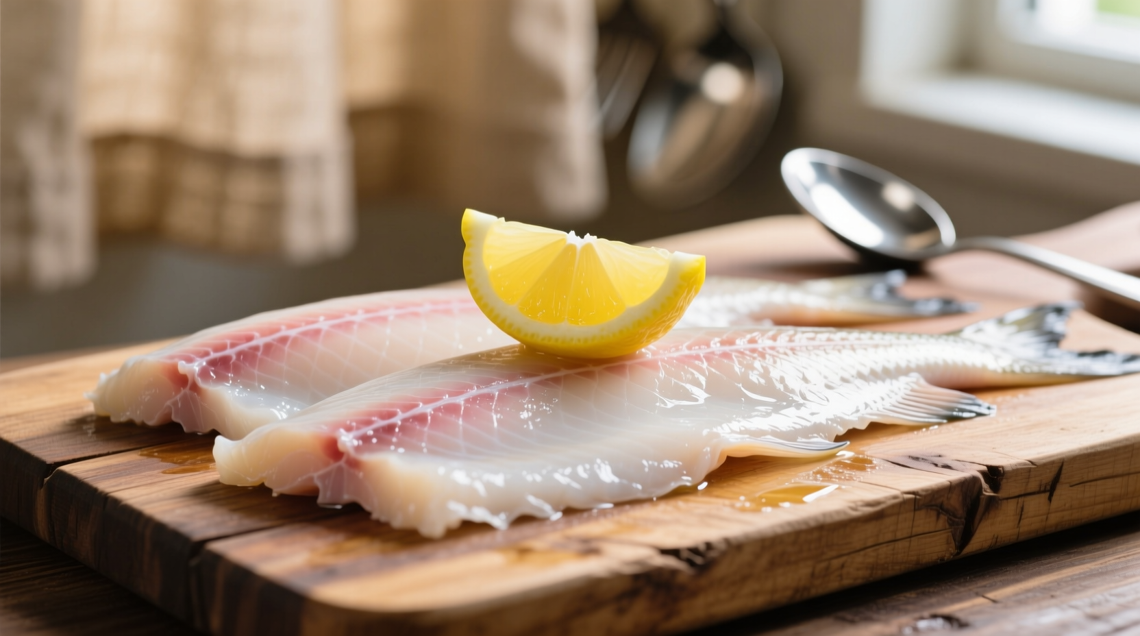Fresh catfish fillets on cutting board with lemon