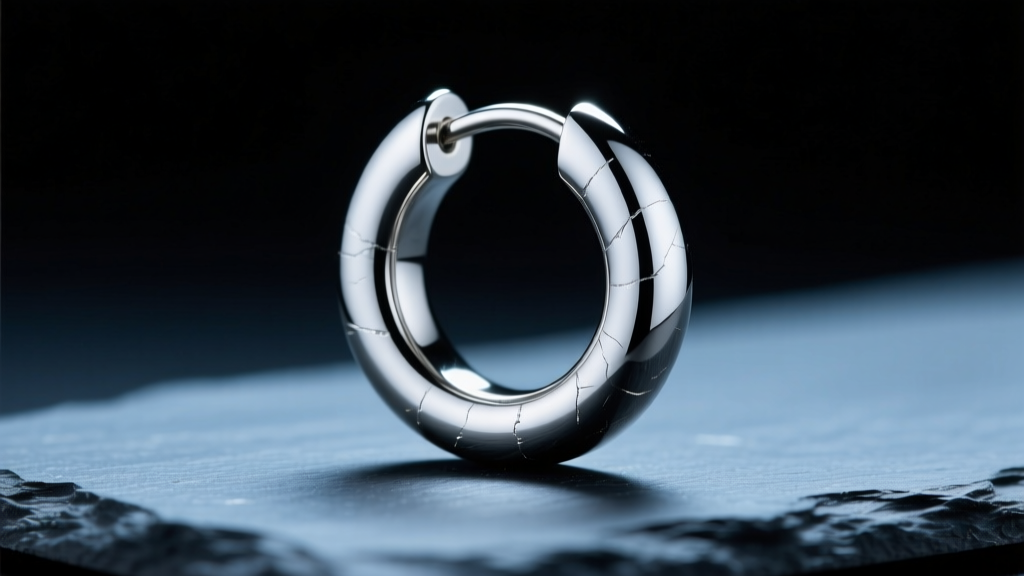 Macro photo of a polished 16-gauge implant-grade titanium seamless hoop earring resting on dark slate under bright studio lighting.