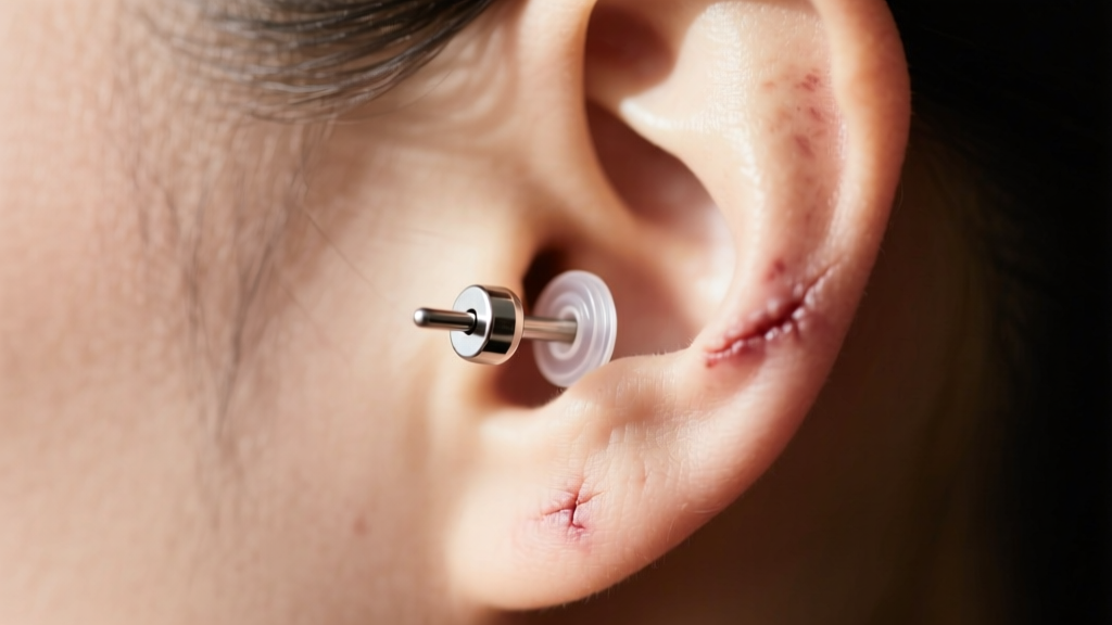 Side profile of a healed earlobe wearing a lightweight titanium flat-back labret stud with a clear silicone o-ring support backing