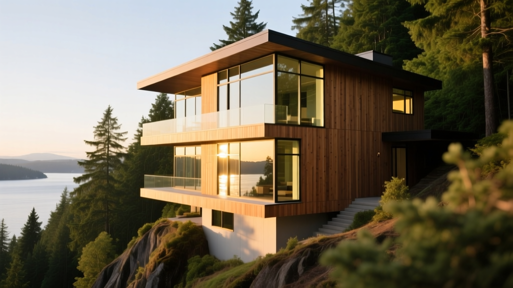 Modern three-story Seattle home with cedar siding and large windows built on a steep forested hillside overlooking water