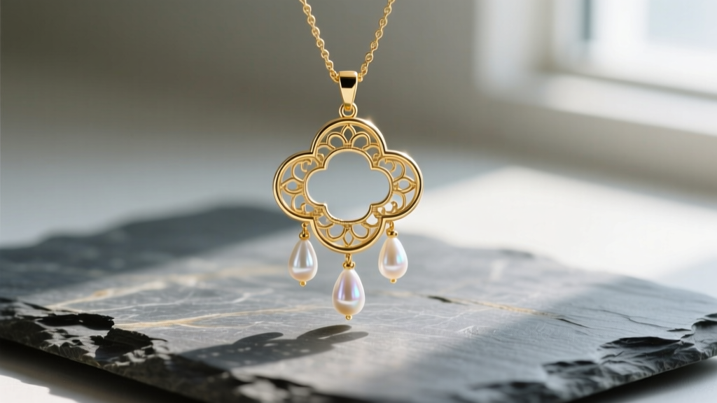 Flat lay of a 14k gold cloud pendant necklace with dangling freshwater pearl raindrops resting on textured slate, soft lighting.