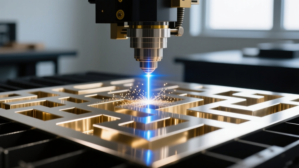 Close-up of a fiber laser cutting a labyrinth maze pattern into thick nickel-free palladium white gold sheet for earring production