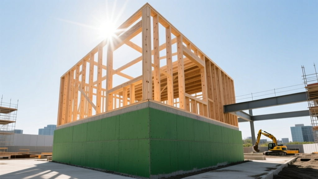 Cross-laminated timber structural frame rising above a poured green concrete foundation on a bright, modern commercial construction site