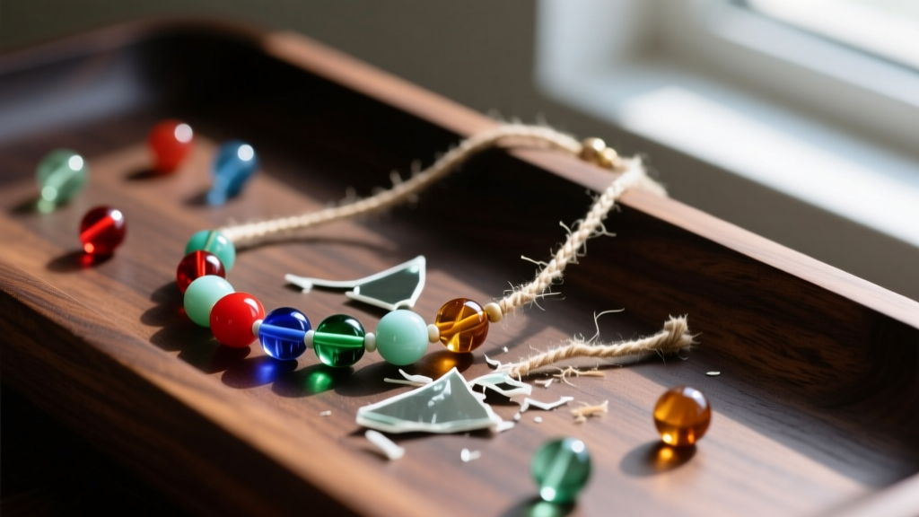 Close-up of a broken homemade beaded necklace with scattered glass beads and frayed nylon thread on a dark wooden jewelry bench.