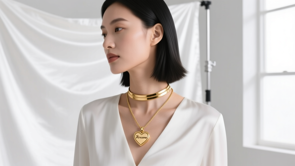 Model wearing an 18-inch Roxanne heart pendant on a cable chain, layered with a gold choker against a crisp white silk blouse.