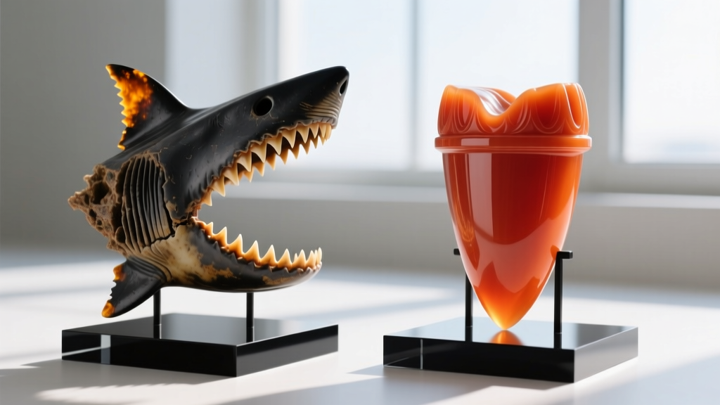Comparison of a genuine serrated megalodon tooth edge versus a smooth carved resin replica under bright jeweler
