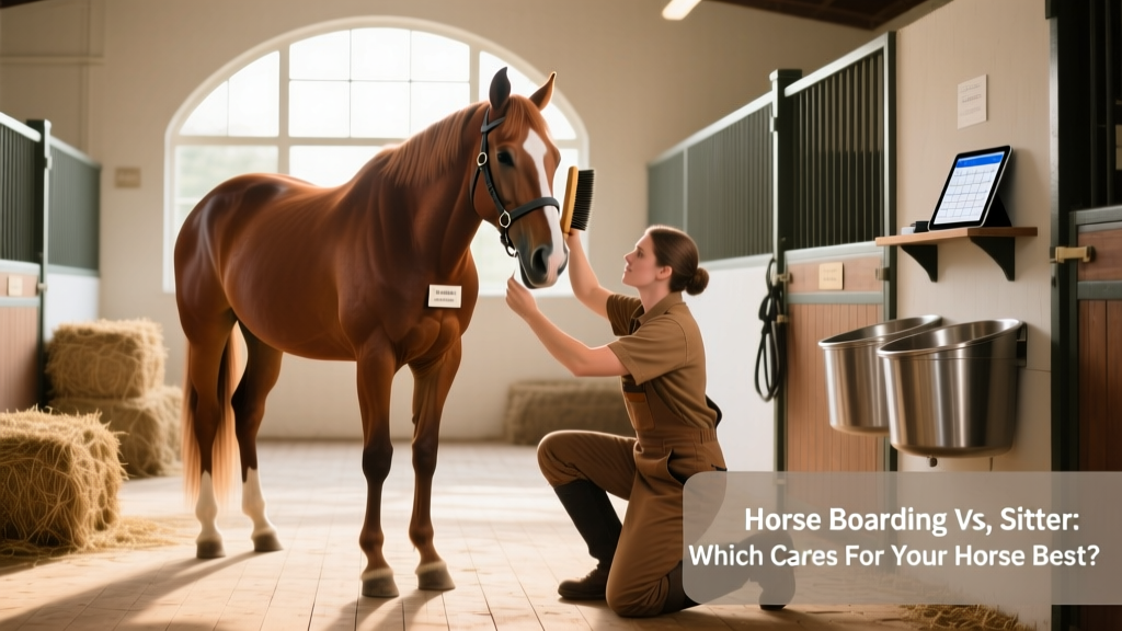 A calm horse being gently groomed in a clean, well-lit stable by a caring handler