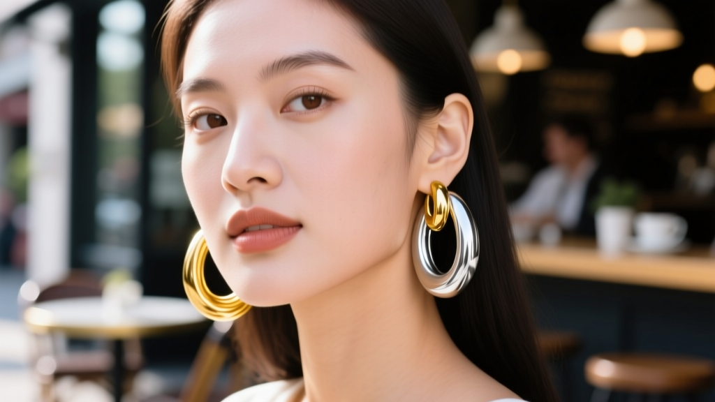 Woman wearing gold filled and silver chunky hoop earrings against a blurred cafe background, natural light street style portrait.