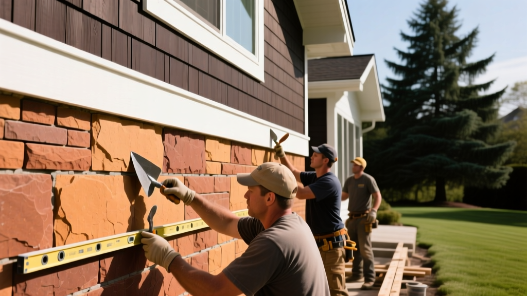 Masonry crew installing warm earth-toned manufactured stone veneer wainscoting on a modern craftsman home exterior