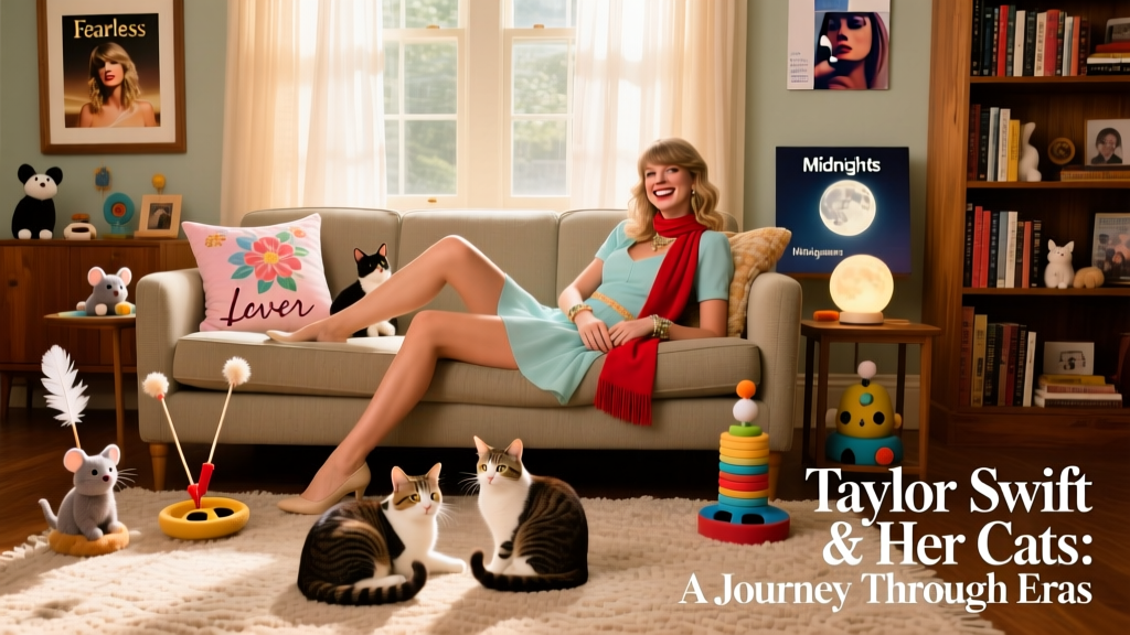 Taylor Swift smiling with her cats Meredith and Olivia on a cozy living room sofa