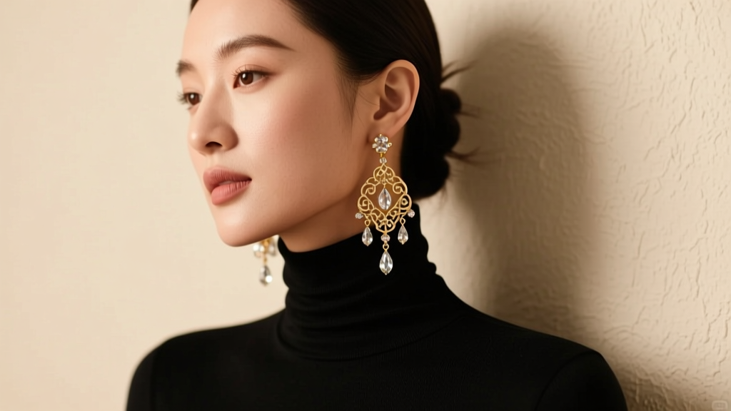 Woman wearing elaborate vintage Haskell drop earrings paired with a minimalist black turtleneck under soft, warm studio lighting.